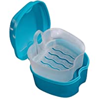 Caja de Baño para Dentadura Postiza-Caja de Baño para Dentadura Postiza Dental con Contenedor de Red Colgante(Azul Claro…